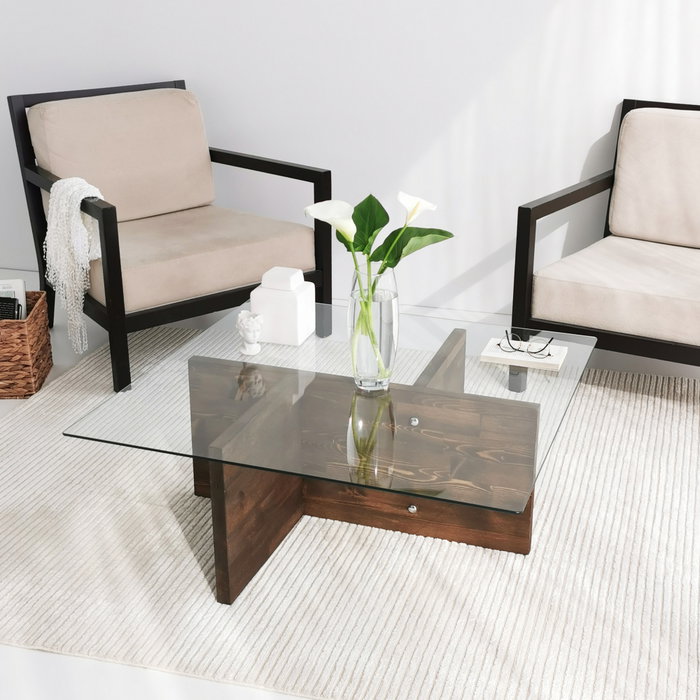 Hanah Home Glory Mesa de Centro de Cristal Templado y Madera en Nogal